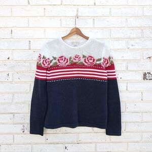 Vintage Chunky Cotton Roses Flag Sweater  Crewneck